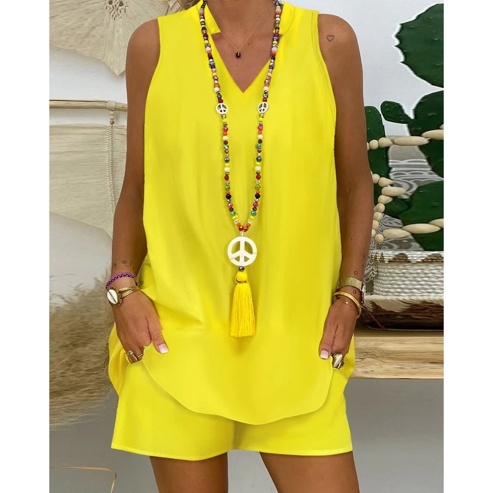 Sleeveless V-Neck Top and Shorts Set for Women Casual Solid Outfits Sexy Clothing Pocket Design Summer Fashion