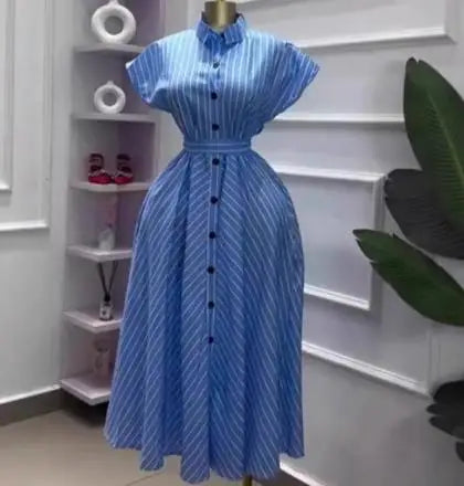 Vintage Striped Flounce Neck Shirt Collar Dress For Women
