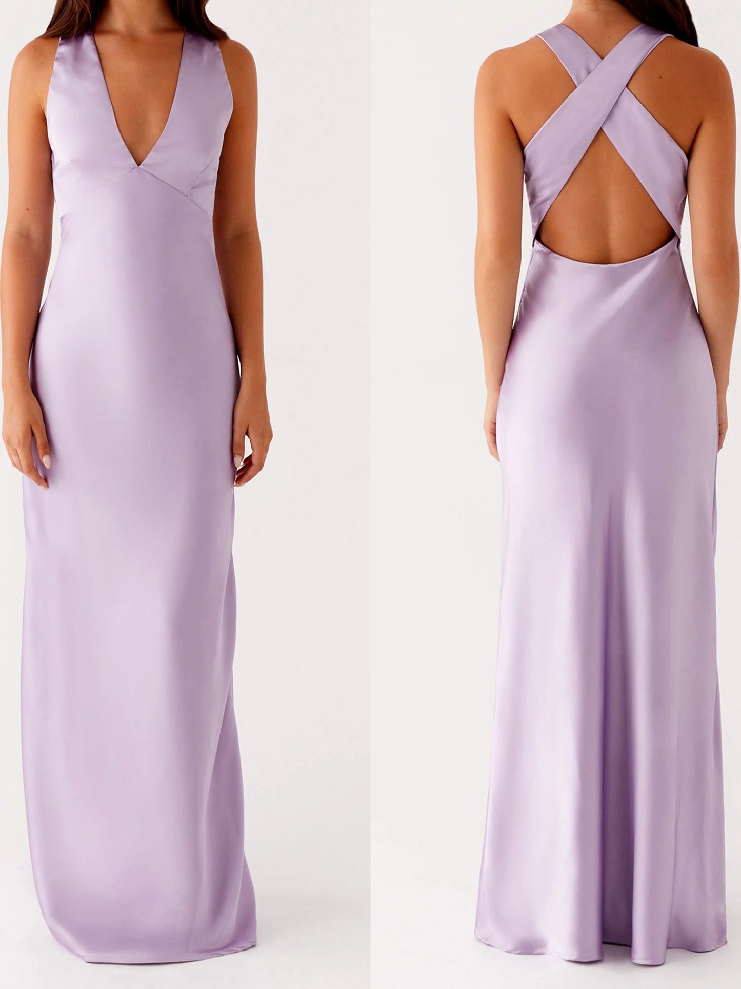 Women's Satin Halter Dress Solid Color Back Cross Elegant Slim Fit Dress for Party, Wedding