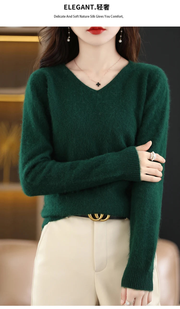 Soft Warm Loose Fit V Neck Cashmere Sweater for Women