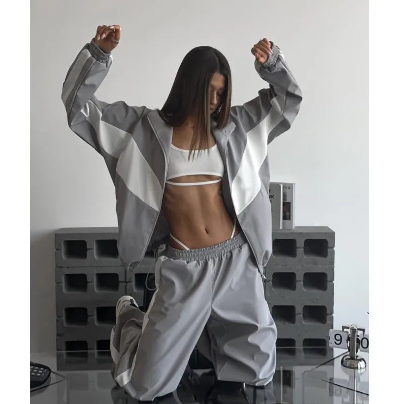 Casual Contrast Color Zipper Tracksuit Set for Women