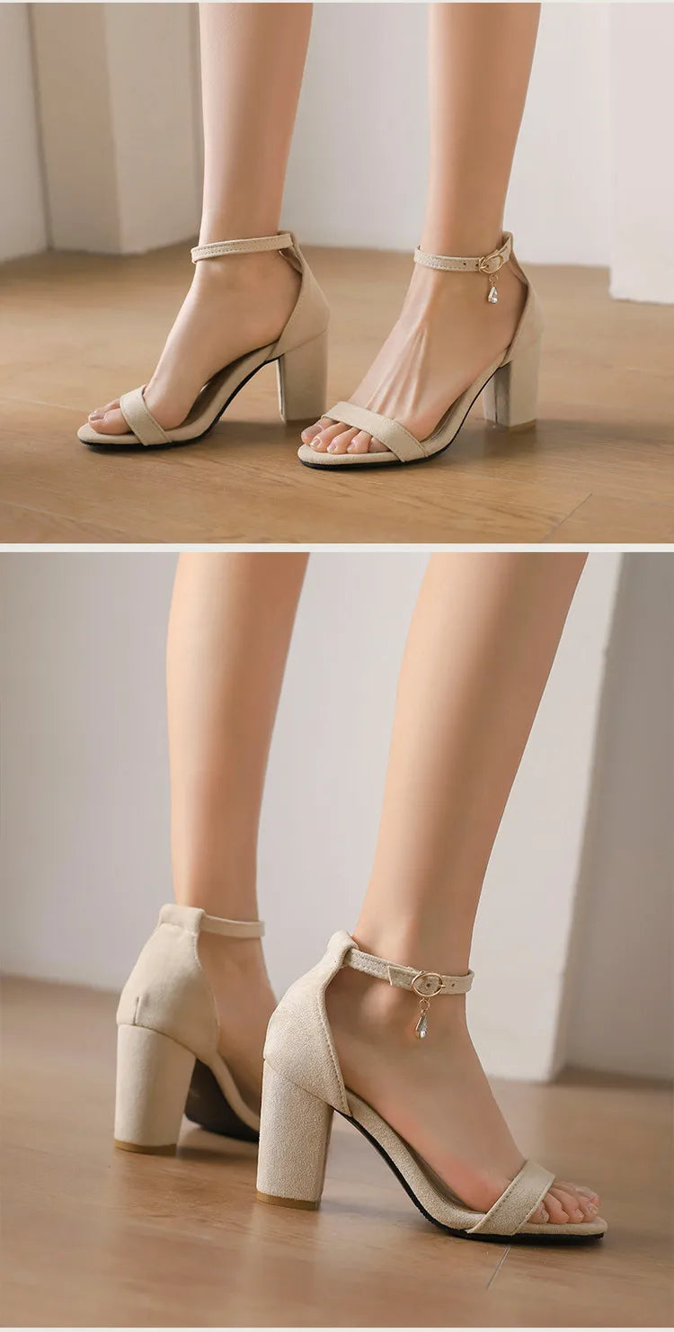 Beige Suede Rhinestone Block Heel Sandals