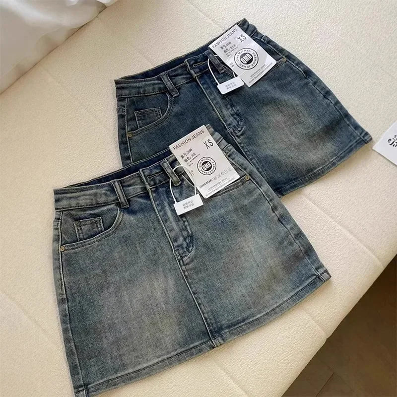 American Vintage High-Waisted Denim Skirt Fashion High Street Hot Girl Denim Half Skirt Vintage Y2k A-line Denim Skirt Women