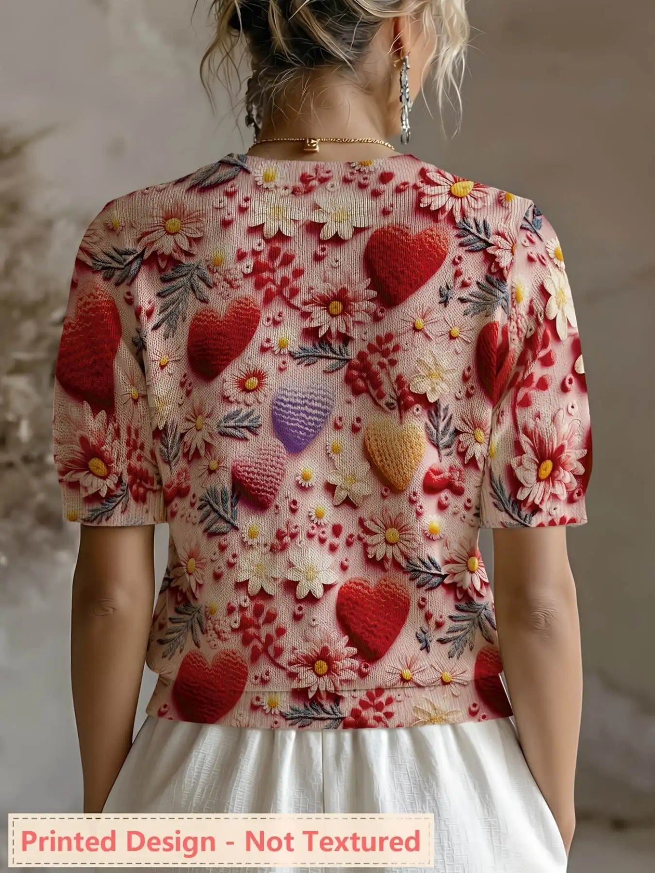 Printed Design Round Neck Short Sleeve Pullover Top for Women