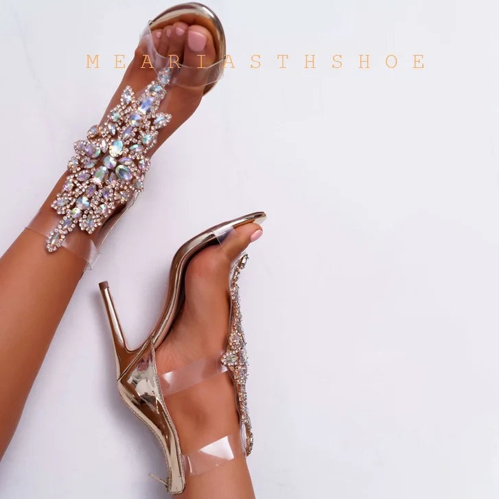 Clear Rhinestone T Strap Open Toe Gladiator Sandals For Women