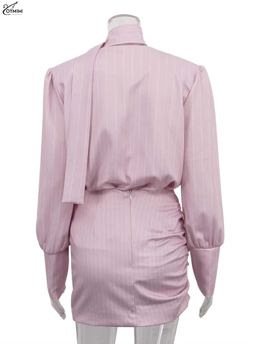 Oymimi Casual Pink 2 Piece Sets Woman Outfits Fashion V-Neck Lace-Up Long Sleeve Blouses And High Waist Slim Mini Skirts Sets