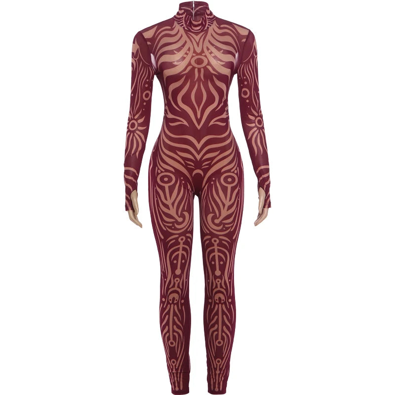 Striped Stretch Turtleneck Long Sleeve Jumpsuit for Women