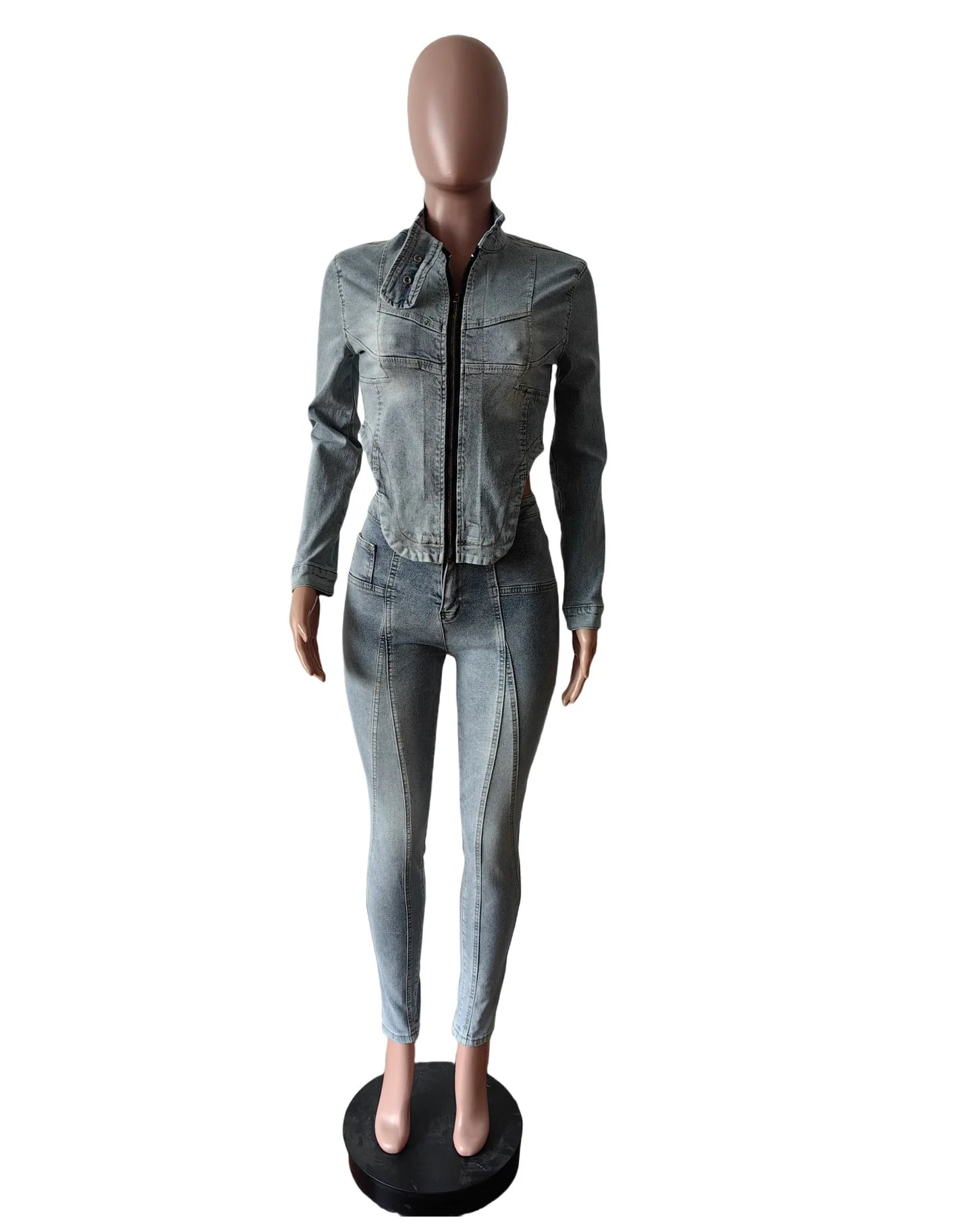 Classic Blue Denim Two Piece Matching Outfit Set for Women