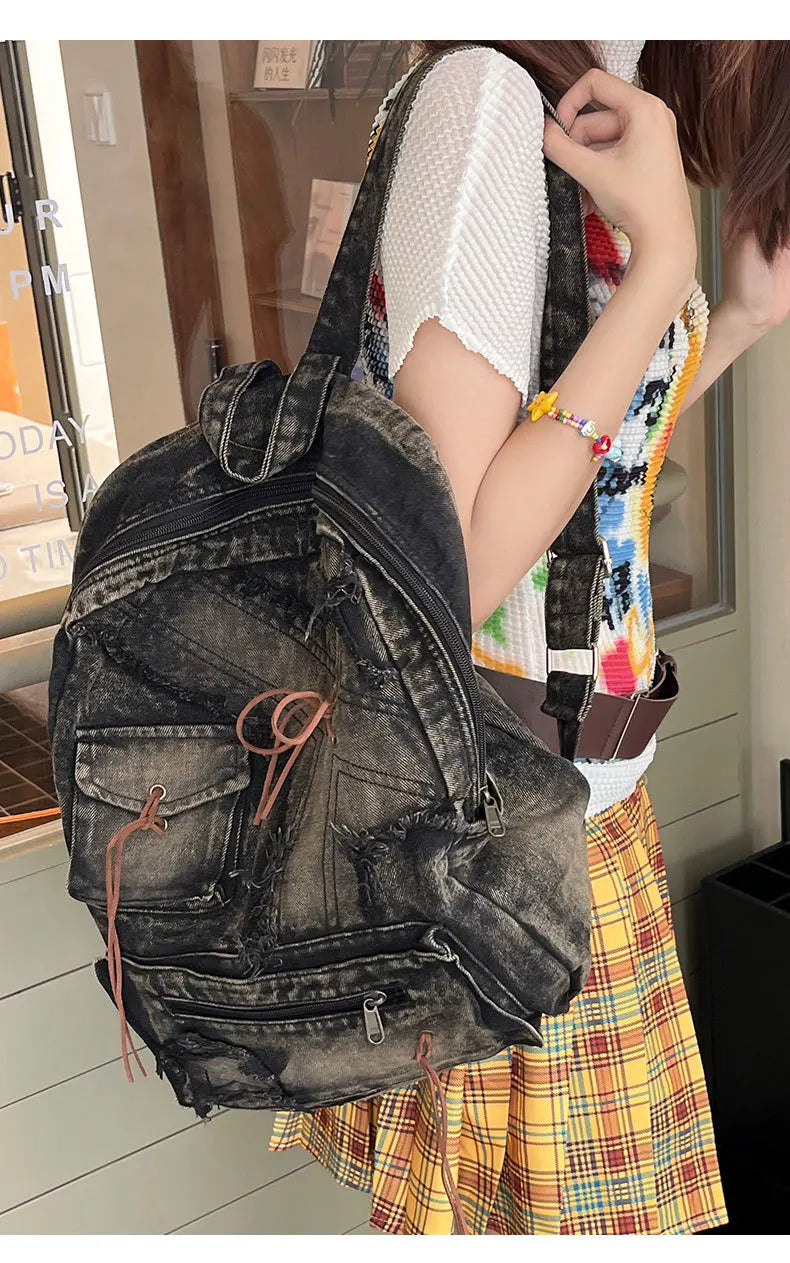 Washed Denim Backpack With Large Capacity for Women