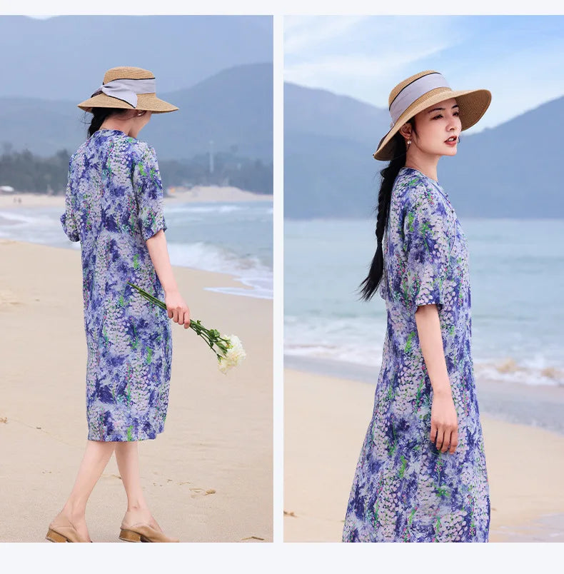 Casual Mandarin Collar Vintage Print Ramie Dress for Women