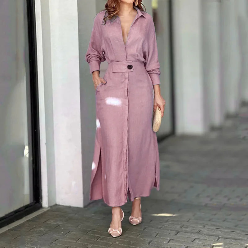 Autumn Elegant Long Sleeve V Neck Shirt Dress for Women