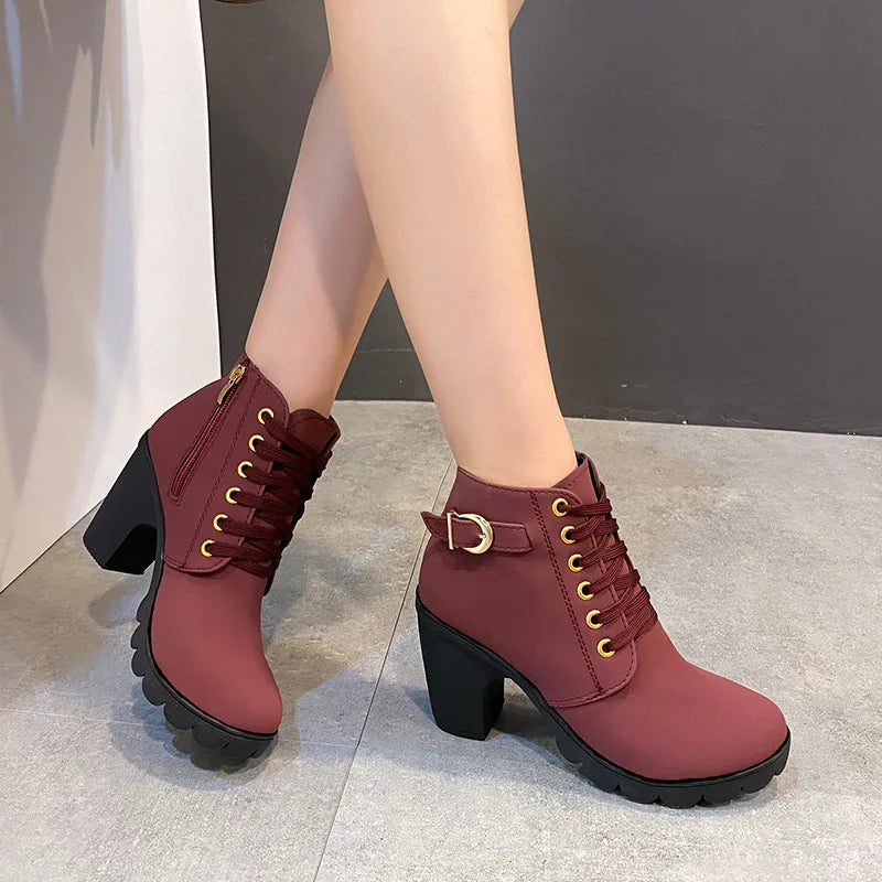 Lace-Up Platform Ankle Boots With Square Heels for Women
