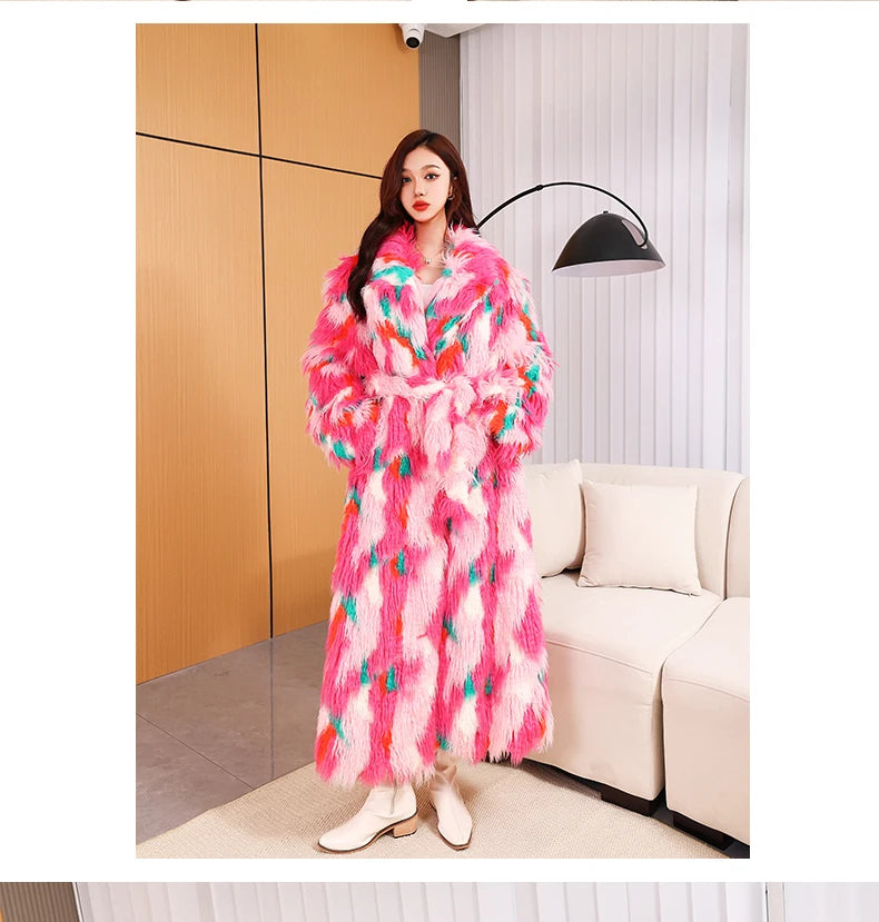 Colorful Plush Oversized Faux Fur Maxi Coat for Women