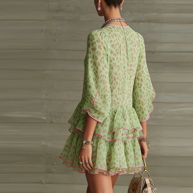 Green Leopard Print Ruffle Edge Mesh Dress for Women