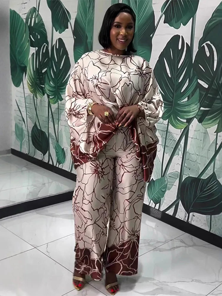 Floral Print Satin Lantern Sleeve Two Piece Set for Women