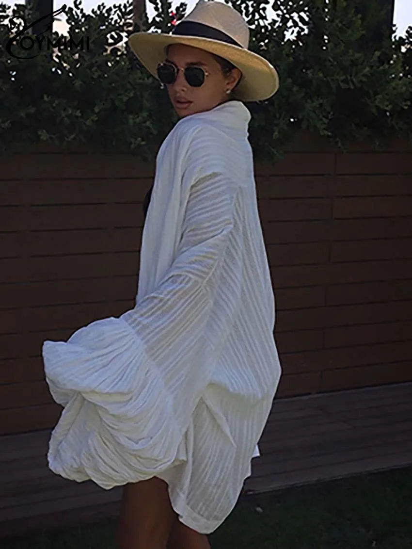 Oymimi Fashion White Cotton Women's Two Pieces Set Elegant Puff Sleeve Loose Lace-Up Shirts And High Waisted Shorts Female Sets