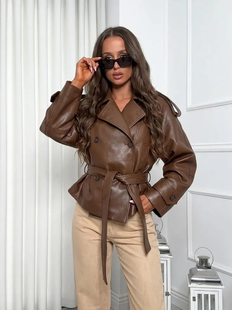 Oversized Double Breasted Faux Leather Lace Up Jacket for Women