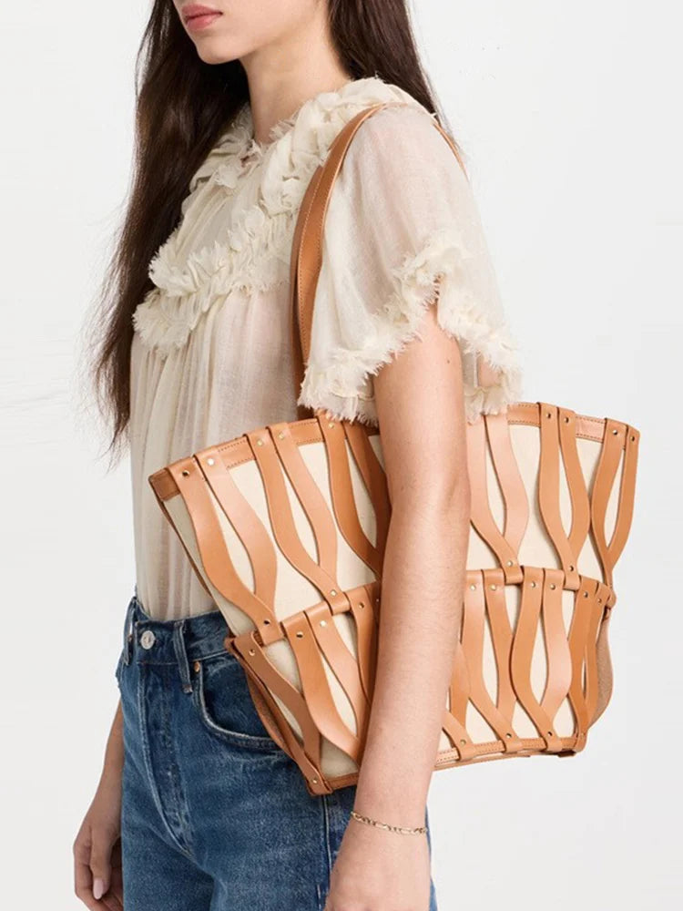 Hollow Fashion Woven Shoulder Bag Brand Retro Large Capacity Tote Bag Texture Contrast Color Canvas Handbag Beach Bag Women Bag