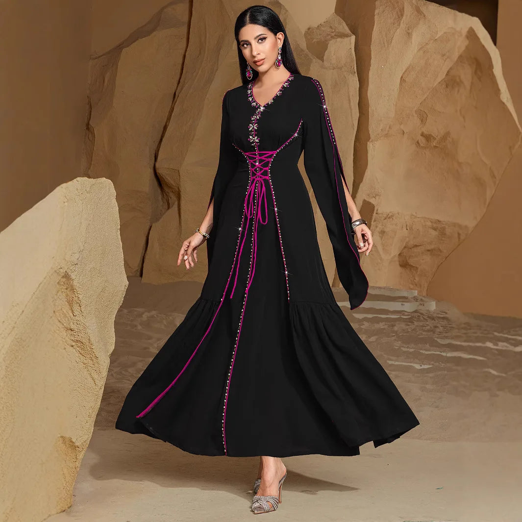 Diamond Embellished Moroccan Kaftan Maxi Dress for Women