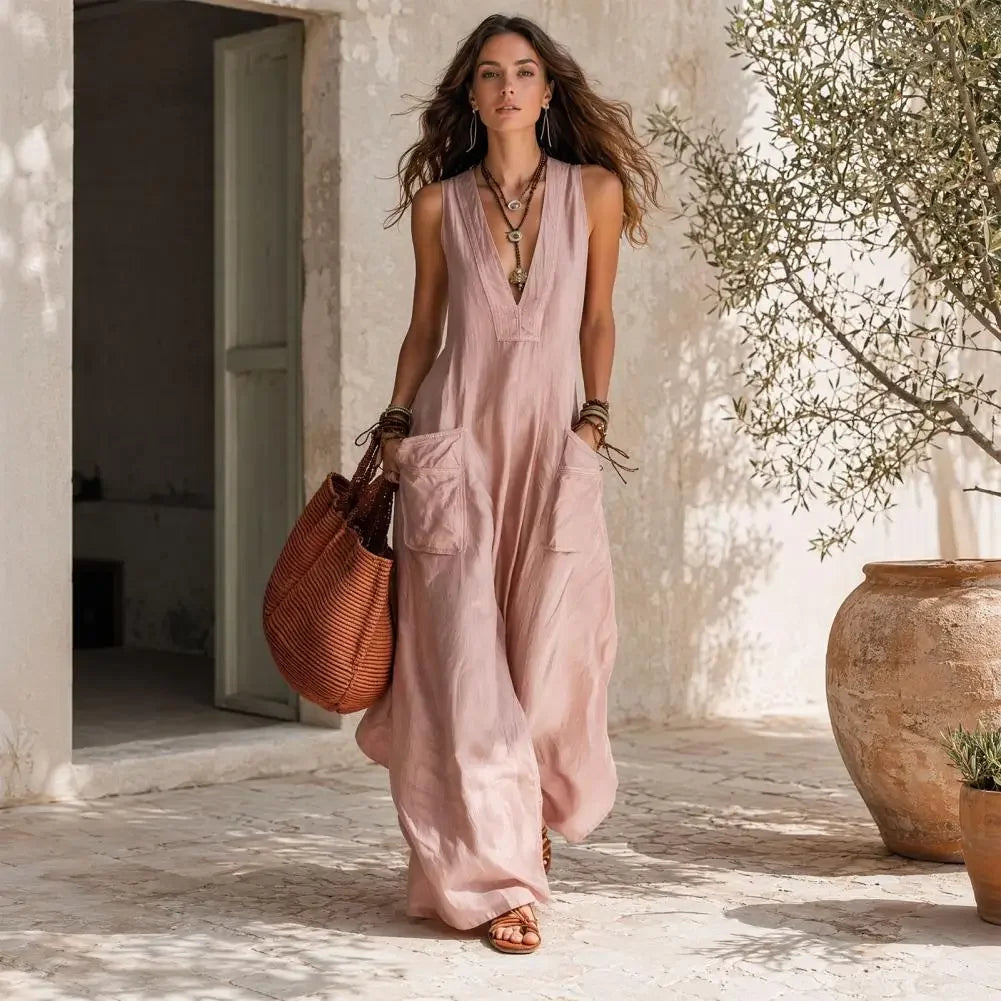 Sleeveless V Neck Loose Wide Leg Casual Jumpsuit For Women