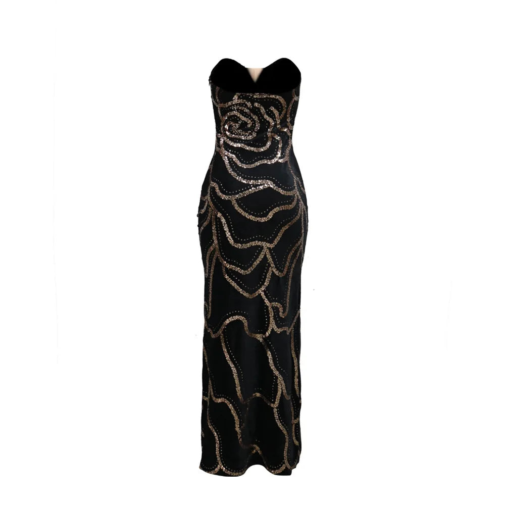 Sweetheart Strapless Deep V Velvet Rhinestone Rose Pattern Maxi Dress for Women