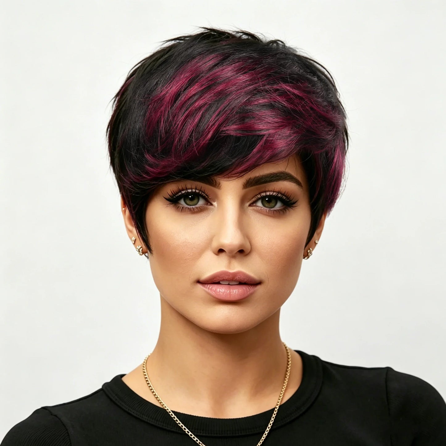 Short Black Burgundy Highlighted Pixie Wig For Women