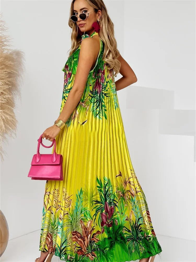 Wmstar Women Dress Lady Casual Loose Halter Pleated Maxi Fashion Leaf Print Sleeveless Beach Boho Elegant Halter Long Dresses