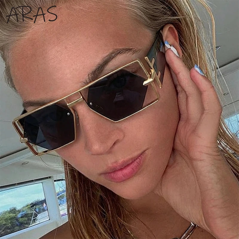 Vintage Hollow Metal Frame Rectangle Sunglasses for Women