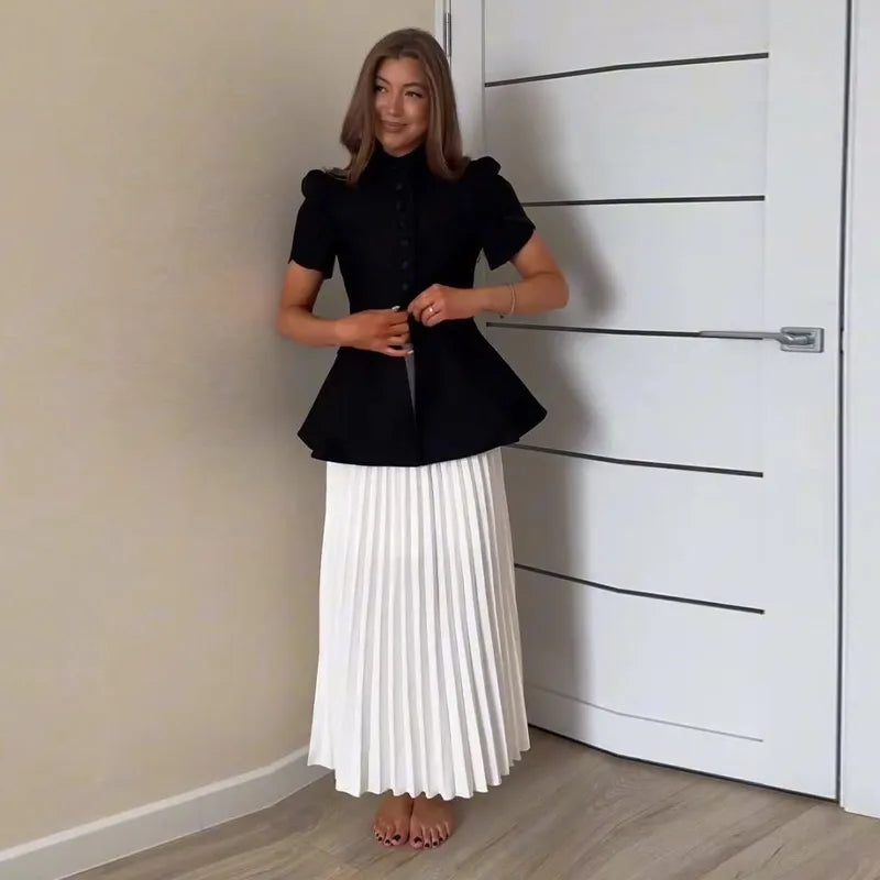 Chic Two Piece Blazer and Pleated Skirt Set for Women