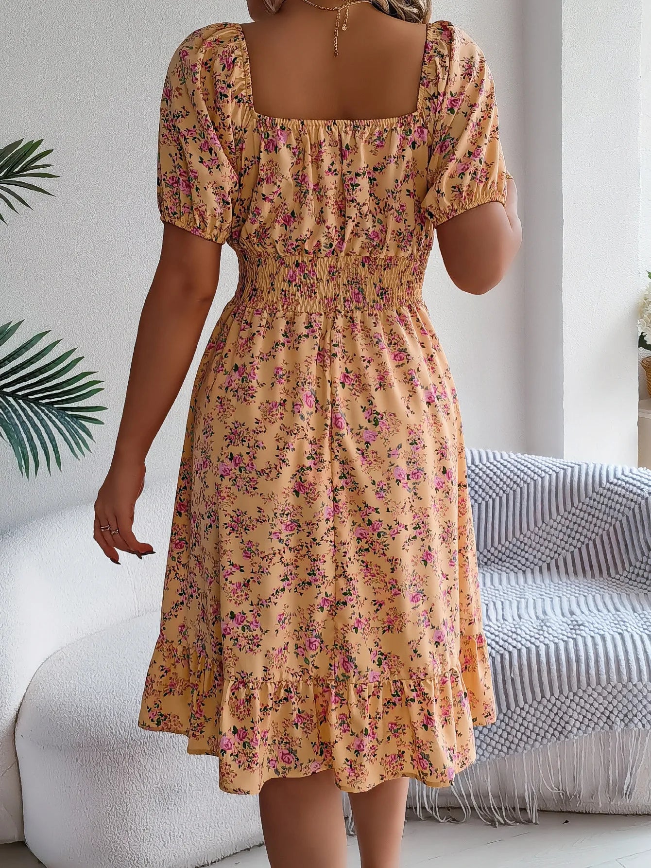 Floral Square Neck Short Sleeve High Waist Swing Dress for Women