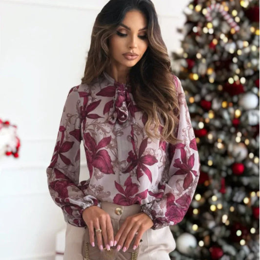 Elegant Shirts Bow Blouse Women Vintage Popular Flower Printed Slim Shirts Office Ladies Spring Autumn Fashion Long Sleeved Tops