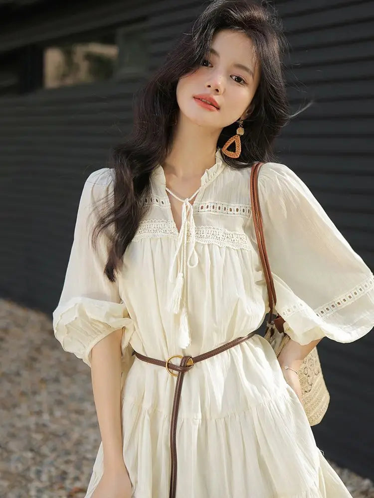 Vacation Style Boho Chic Lace Up Midi Dress for Women