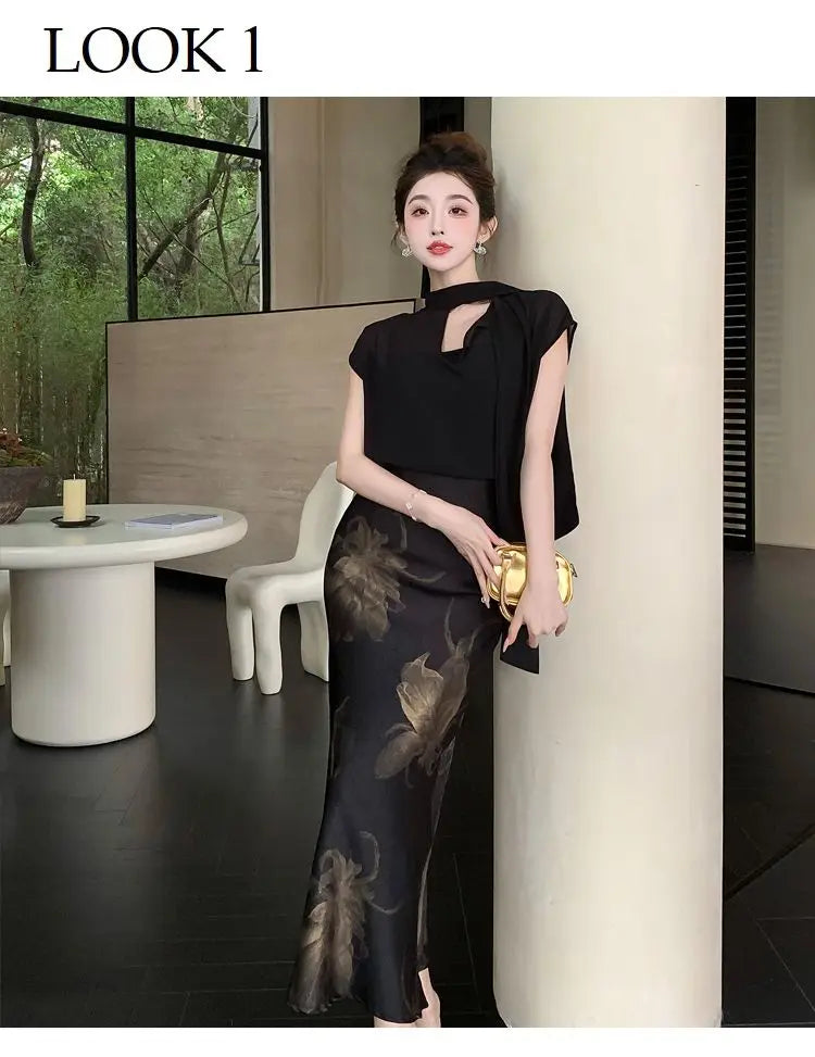 Chiffon Stand Collar Black Printed Three Piece Set for Women