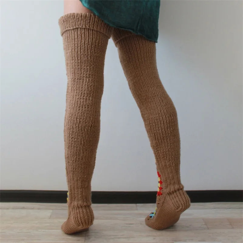 Ethnic Crochet Knit Autumn Winter Thigh High Socks for Women