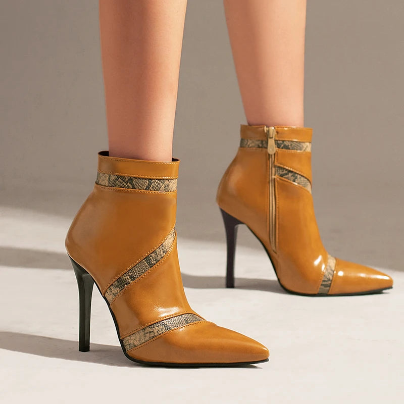 Pointed Toe PU Leather Stiletto Ankle Boots for Women