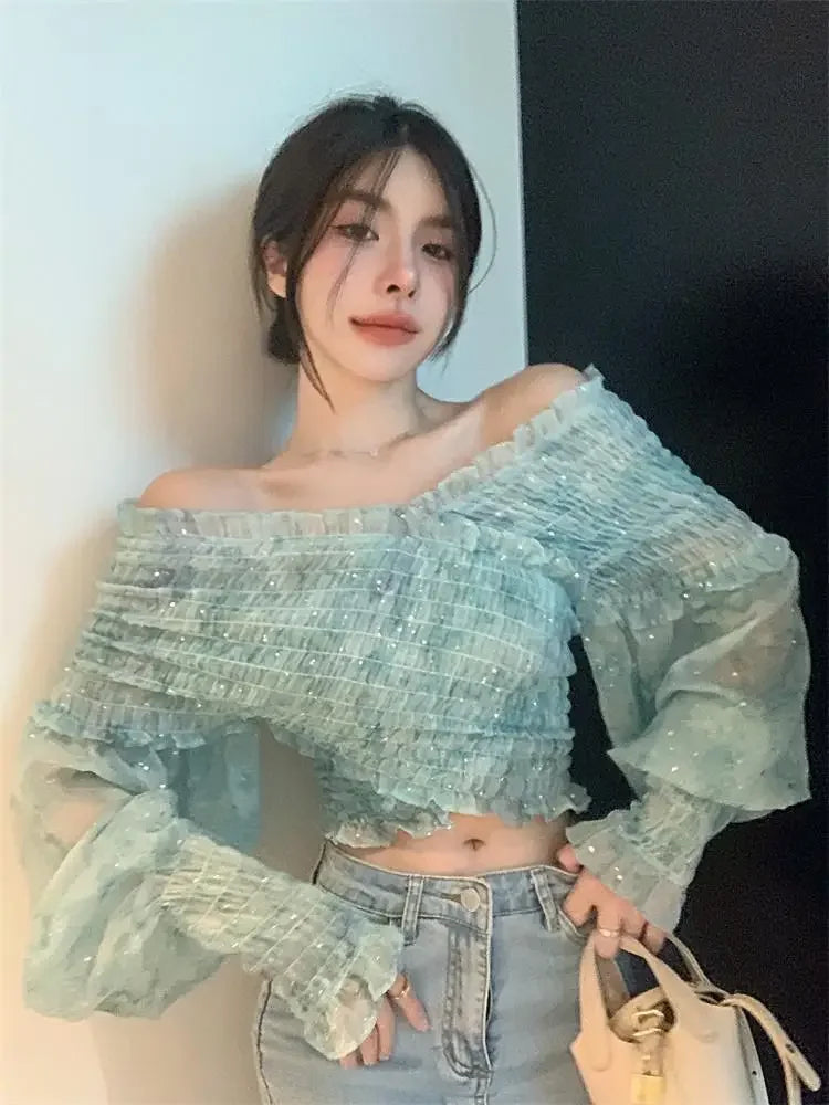 French Shoulder Chiffon Shirt for Women's Summer Design, Niche Shirt, Slim Fit Pleated Short Sleeved Top