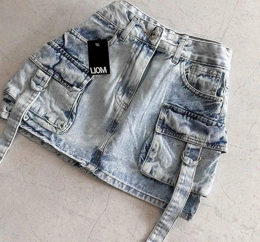 Y2K Short Skirt Fashion Retro Blue Multi Pocket Denim Shorts Womens Gothic Cargo Baggy Denim Shorts High Waist Slim Mini Skirt