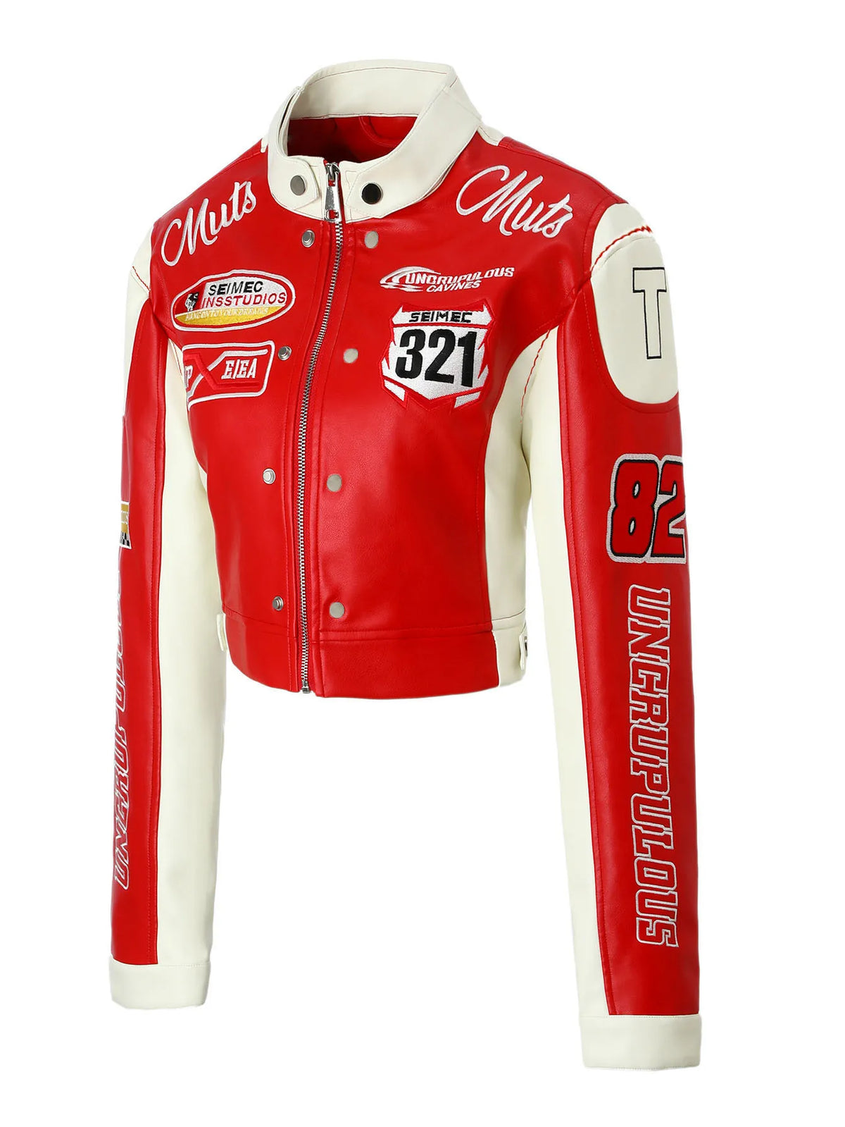 Contrasting Color Embroidered PU Leather Jacket for Women