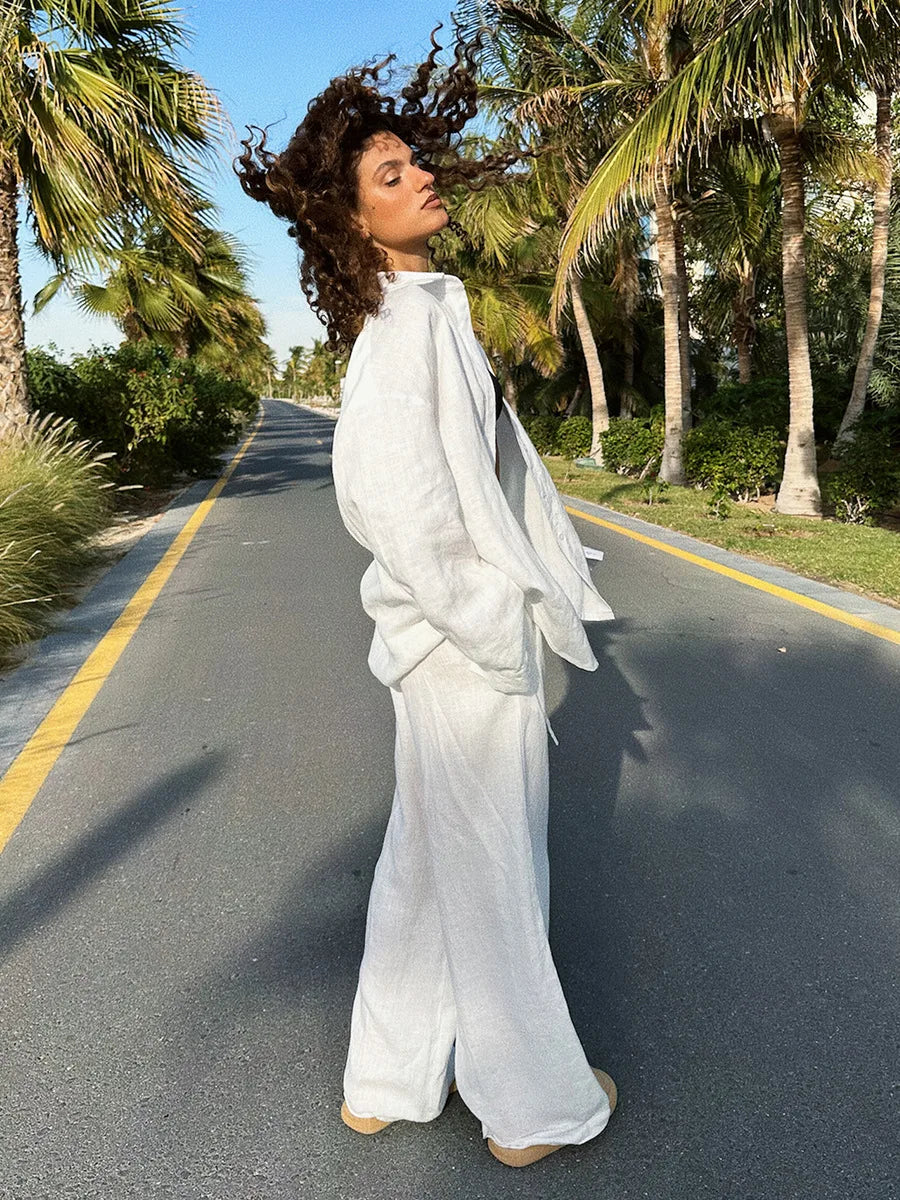 Casual Cotton Shirt and Elastic Waist Pants Set for Women