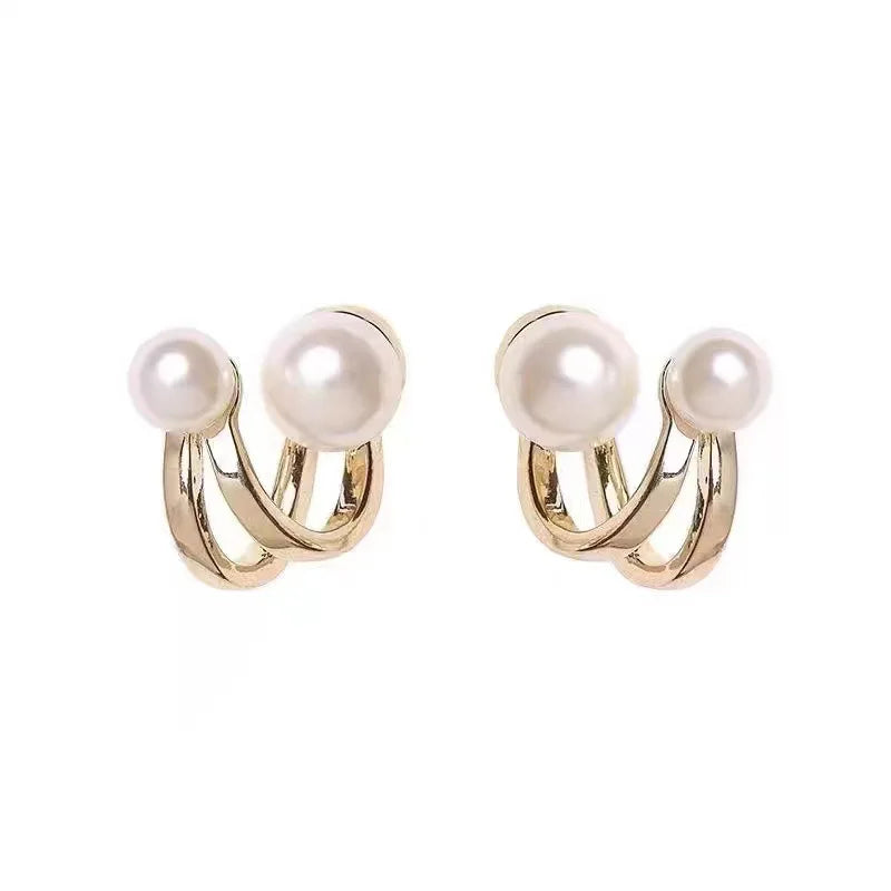 Gold Tone Pearl Geometric Stud Earrings