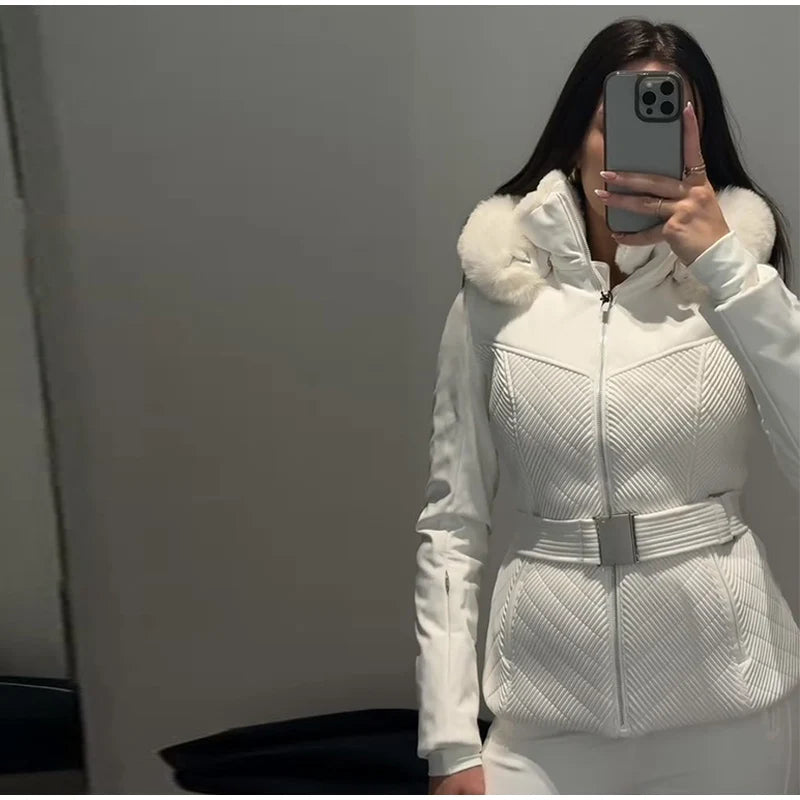 Warm Fur Trim Hooded Winter Ski Suit with Belt for Women