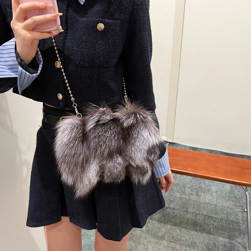 Luxurious Fox Fur Evening Clutch with Chain for Women