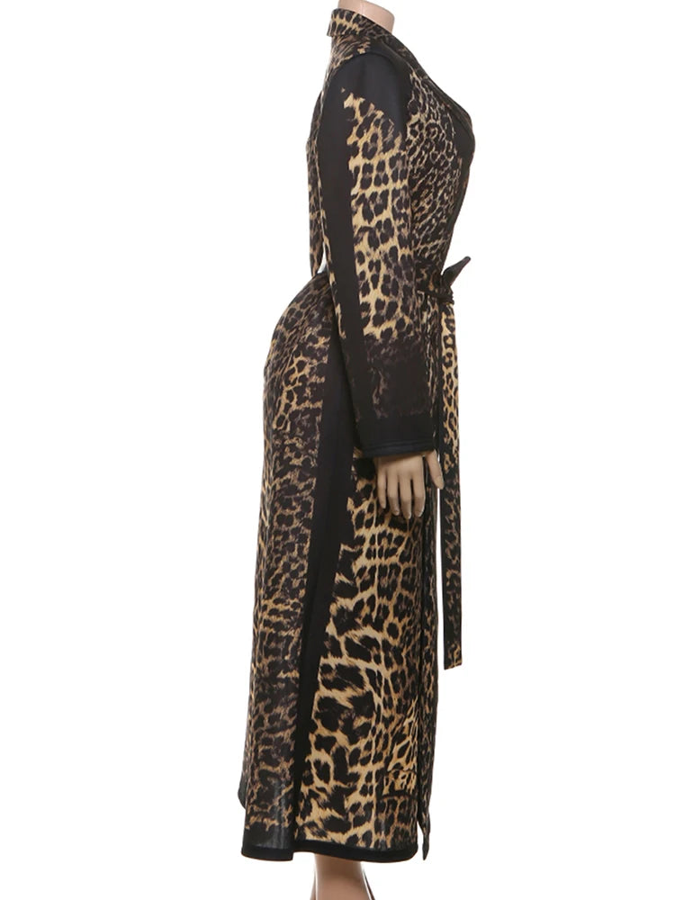 Cutemew Trench Leopard Print Coat Women Hipster Fall Warm Lapel Neck Full Sleeve Coquette Street Adjustable Belt Lady Outwear
