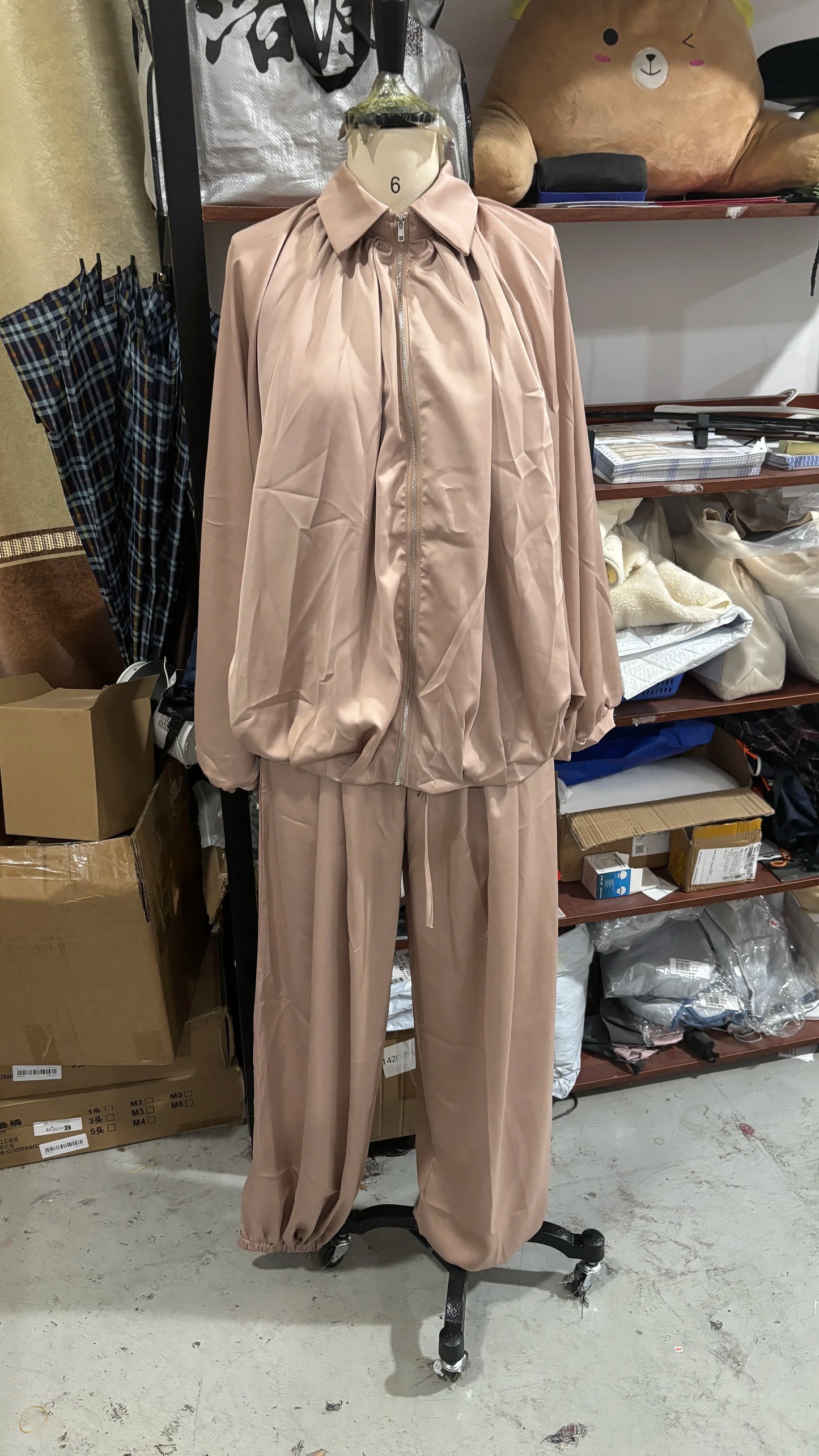 Solid Loose Suit Set with Stand Collar Crop Top and Drawstring Pants for Women