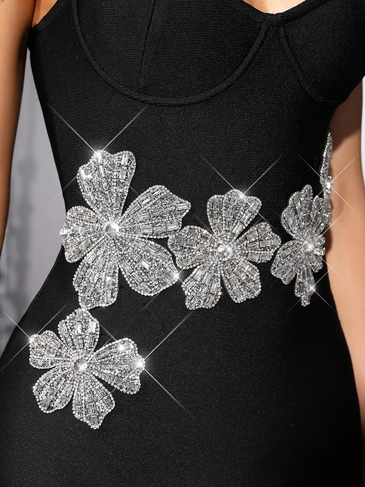 Strapless Crystal Flower Embellished Bodycon Maxi Dress for Women