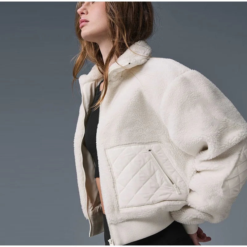 Elegant Lamb Women's Coat Vintage Stand Collar Thicken Full Sleeve Pockets Jacket Female 2025 Autumn Winter Woman Coats Outwears