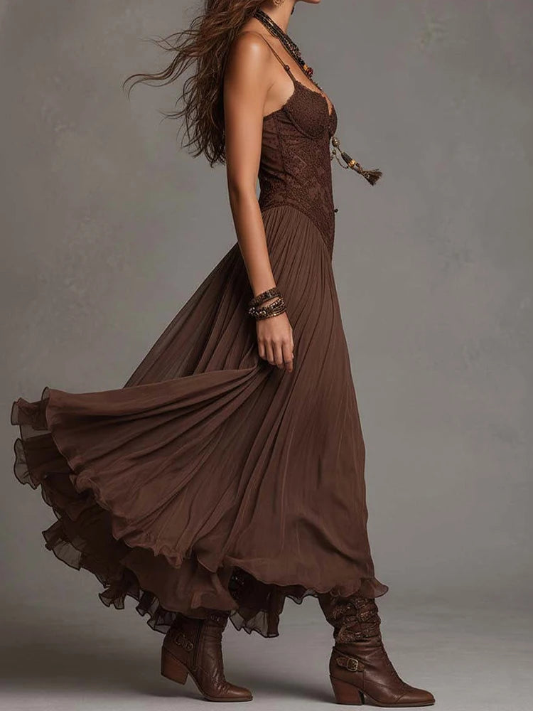 Backless V Neck Spaghetti Strap Maxi Dress for Women