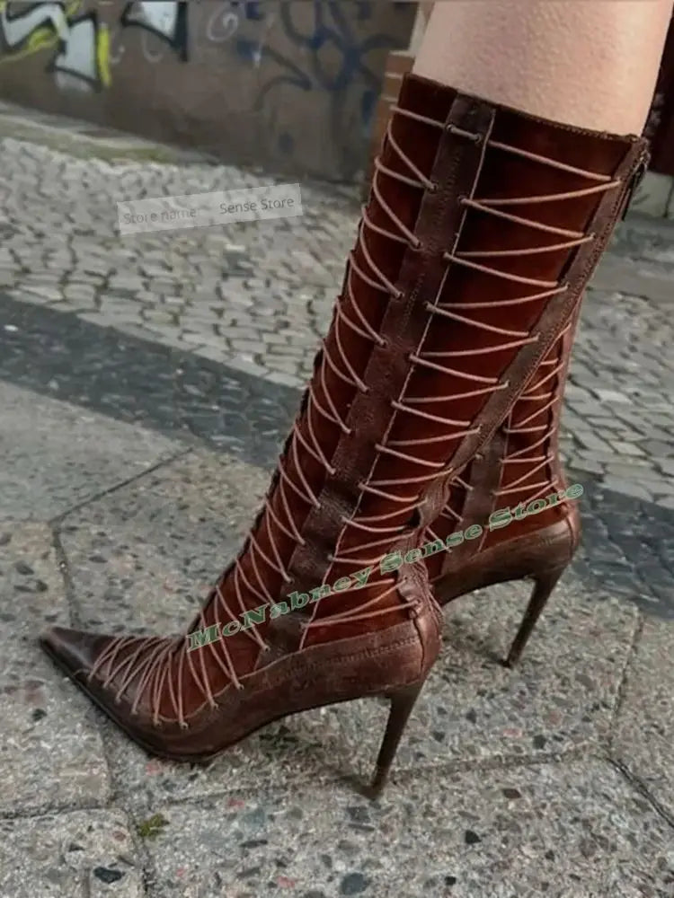 Cross Tied Pointy Toe Stiletto Heel Mid Calf Boots For Women