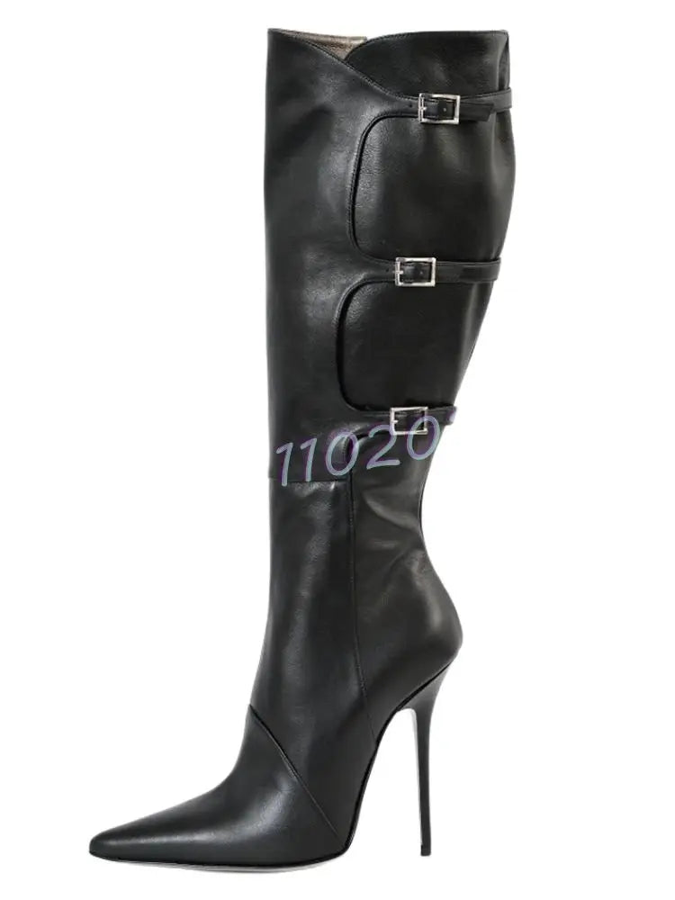 Black Pointy Toe Multi Buckle Knee High Boots for Women