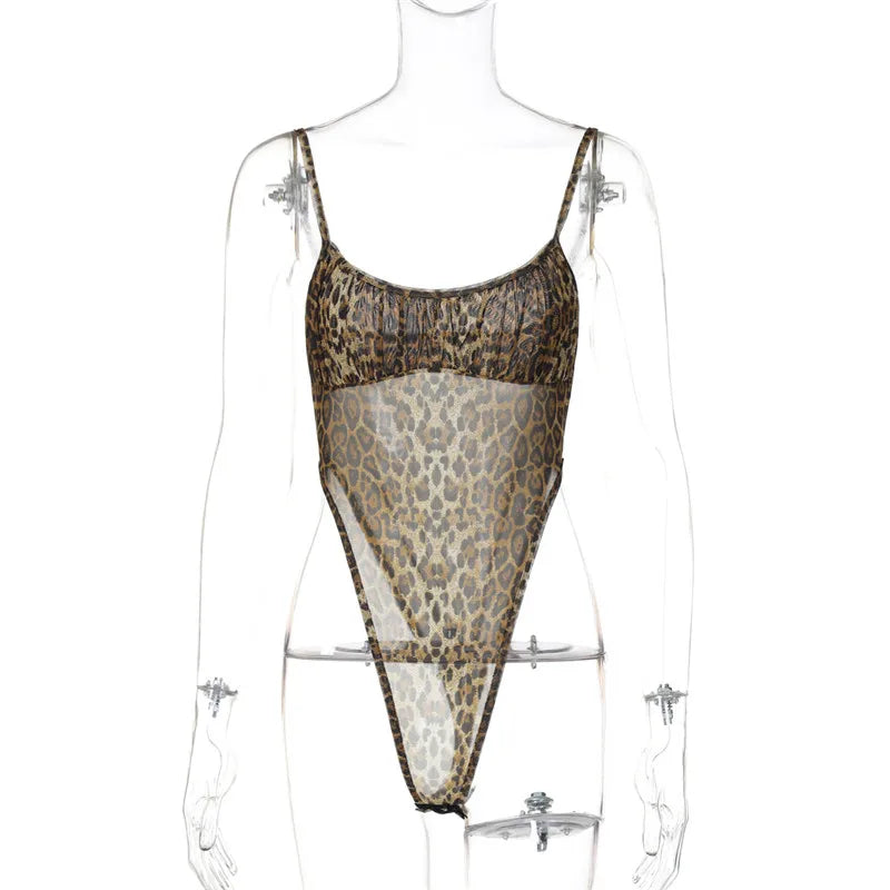 Leopard Mesh Bodysuit And Flare Pants Set for Women